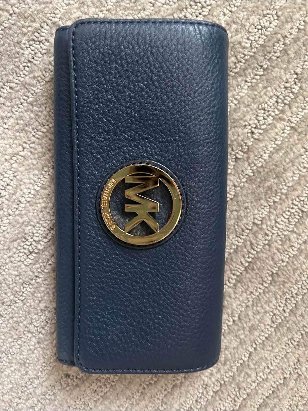 Michael Kors Midnight Blue Pebbled Leather Wallet with Gold MK Emblem